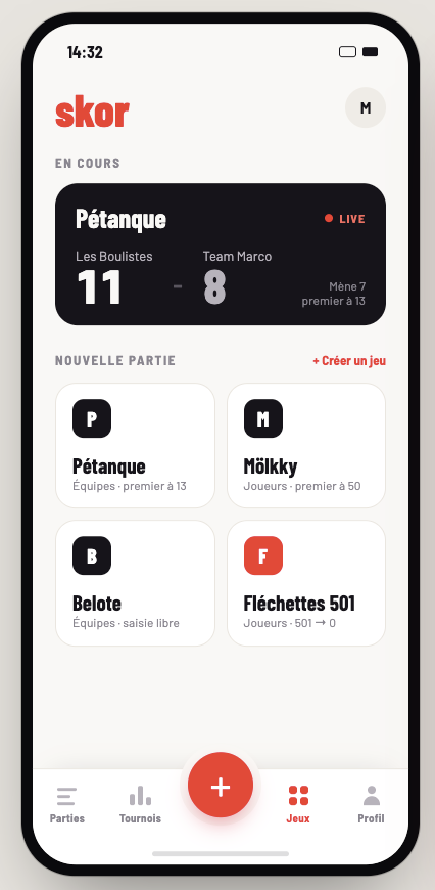 Écran d'accueil de l'app skor, avec la partie de pétanque en cours et le catalogue de jeux.